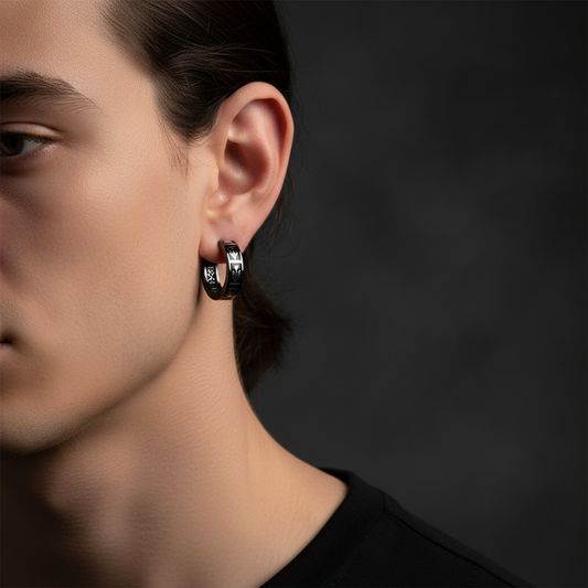 Knight Hoop Earrings worn on ear, close up
