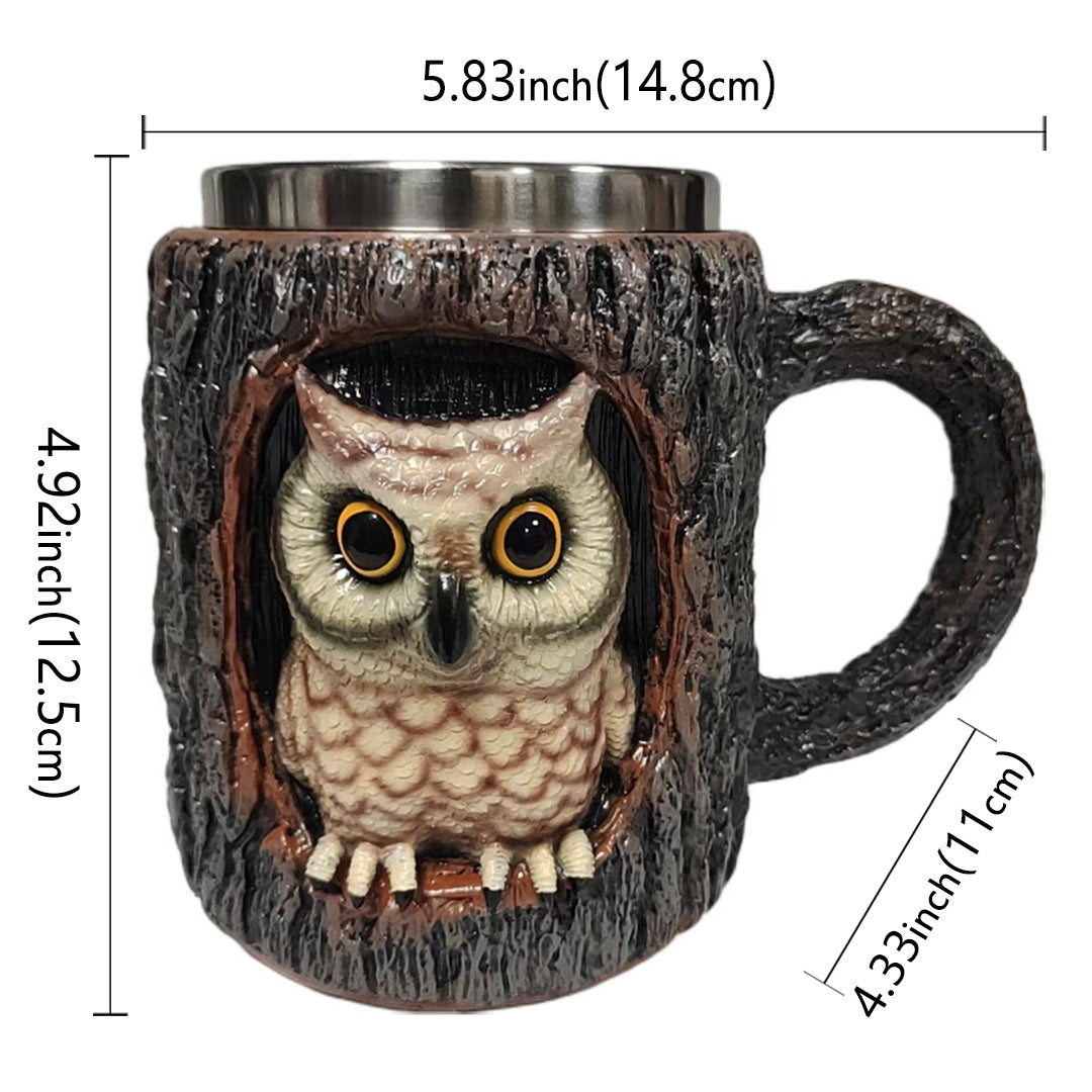 3D Tree Hollow Animal Mug - Owl & Raccoon | Woodland Stainless Steel Coffee Cup