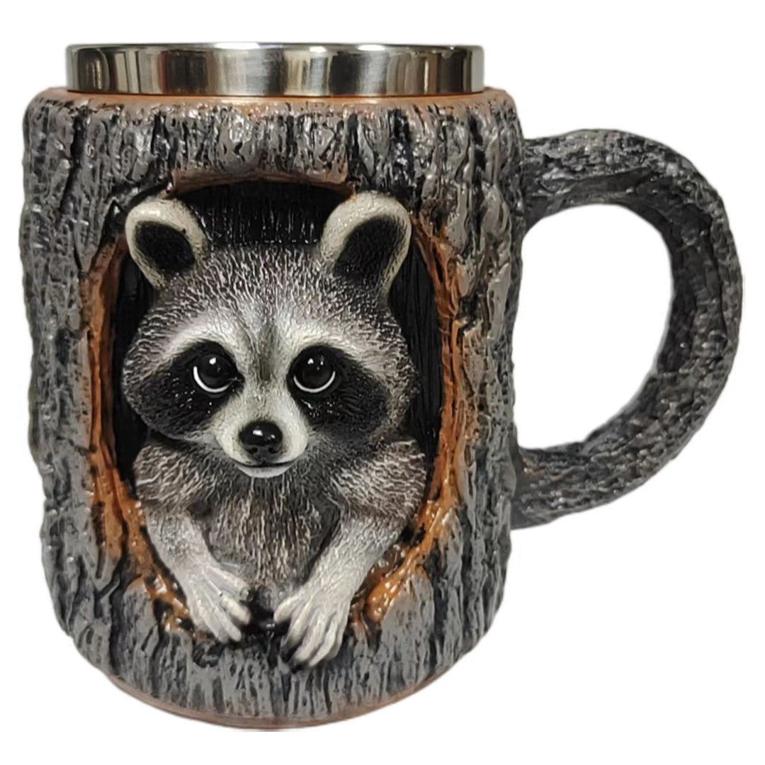 3D Tree Hollow Animal Mug - Owl & Raccoon | Woodland Stainless Steel Coffee Cup