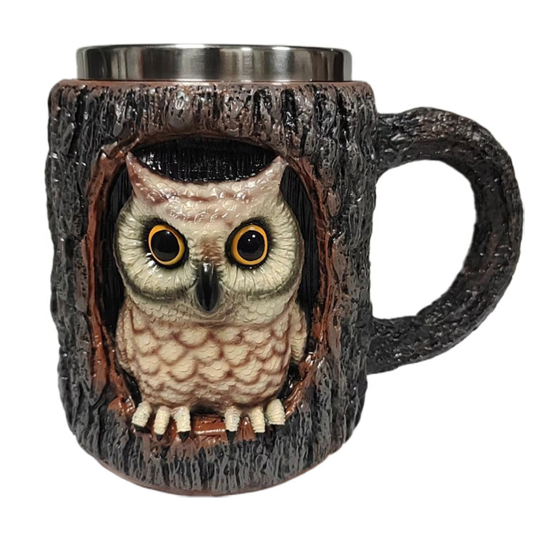 3D Tree Hollow Animal Mug - Owl & Raccoon | Woodland Stainless Steel Coffee Cup