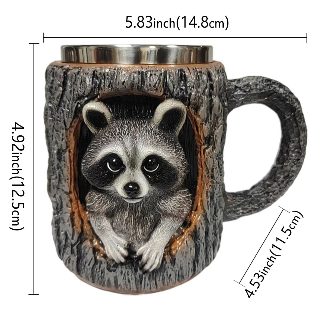 3D Tree Hollow Animal Mug - Owl & Raccoon | Woodland Stainless Steel Coffee Cup