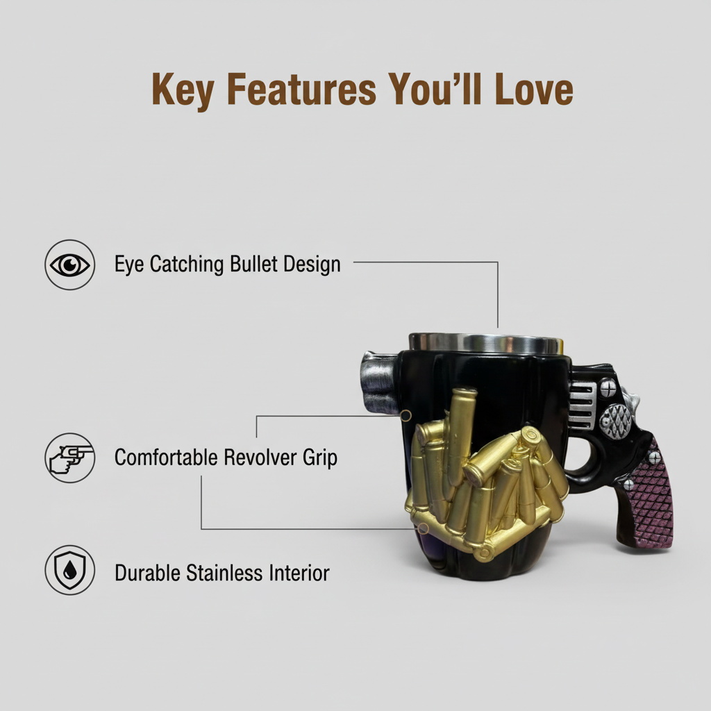 3D Revolver Gun Mug - Bullet Cylinder Coffee Cup | Stainless Steel Pistol Mug