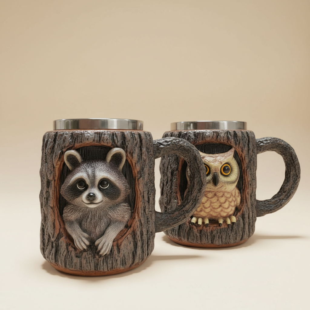 3D Tree Hollow Animal Mug - Owl & Raccoon | Woodland Stainless Steel Coffee Cup
