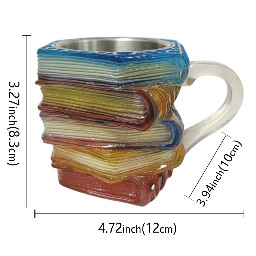 3D Rainbow Book Stack Mug - Colorful Resin Coffee Cup | Stainless Steel Literary Mug