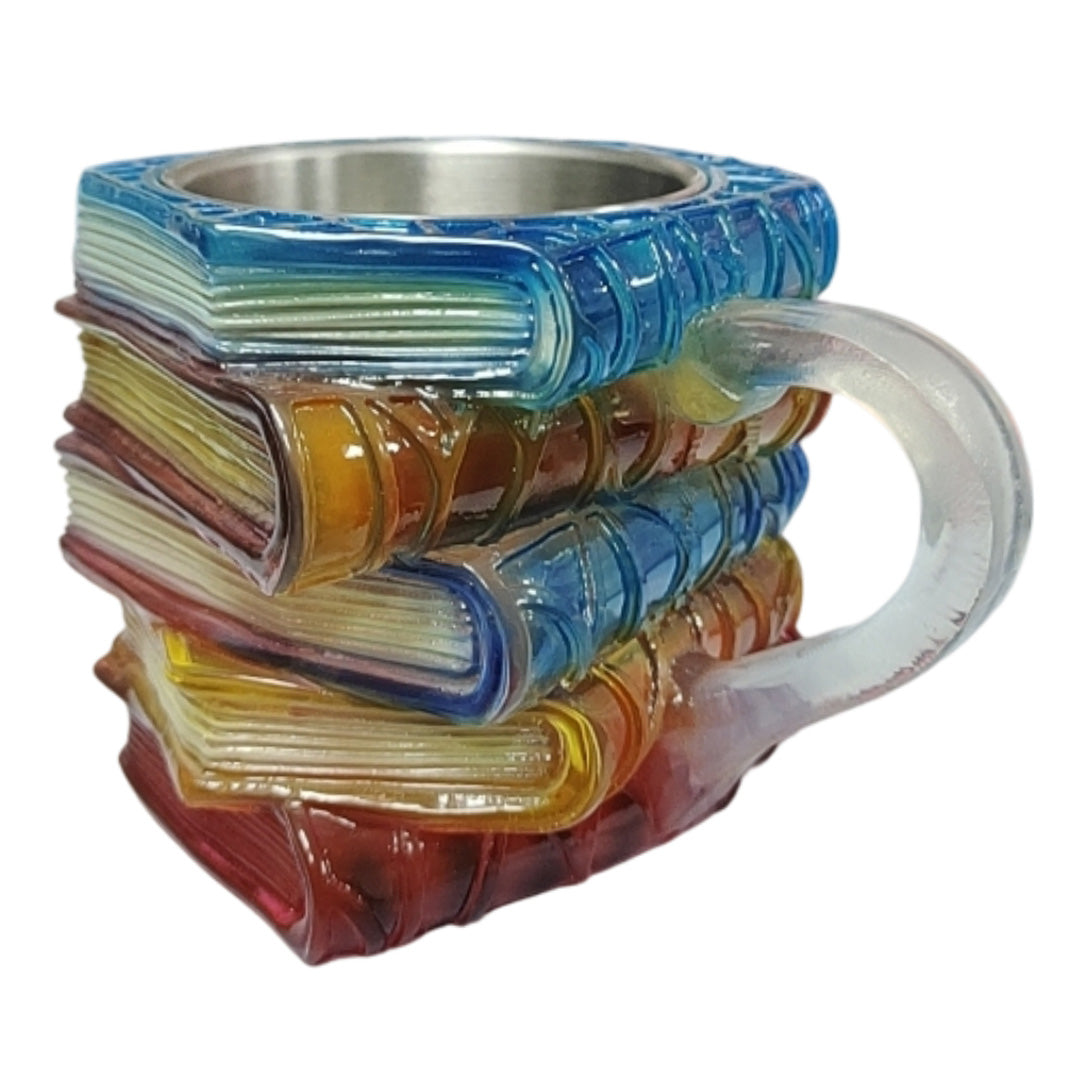 3D Rainbow Book Stack Mug - Colorful Resin Coffee Cup | Stainless Steel Literary Mug
