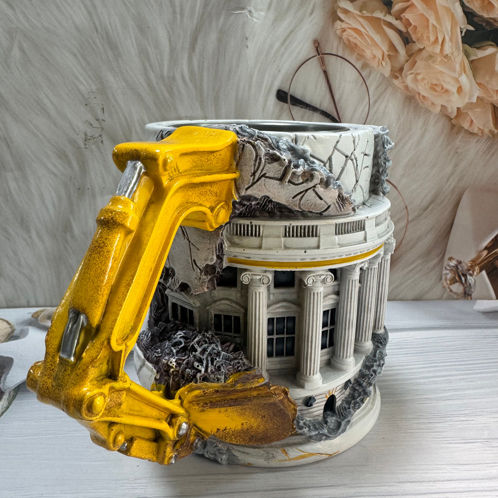 3D Excavator Construction Mug - Ruins Building Coffee Cup | Stainless Steel Heavy Machinery Mug