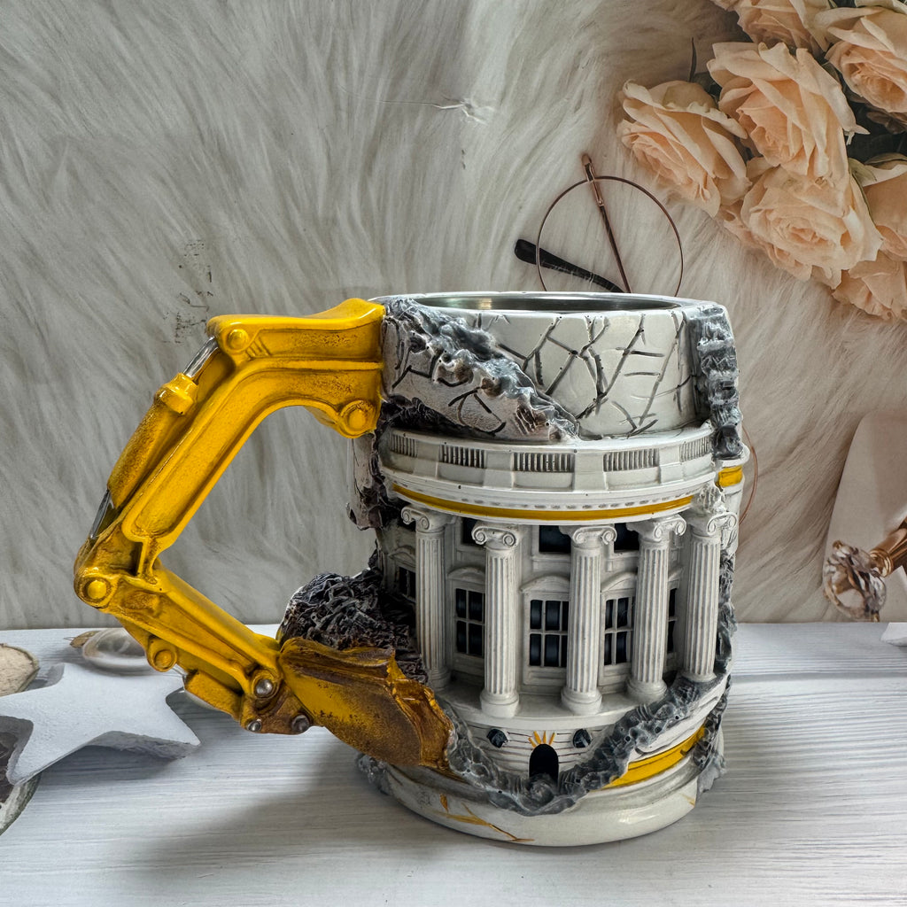 3D Excavator Construction Mug - Ruins Building Coffee Cup | Stainless Steel Heavy Machinery Mug