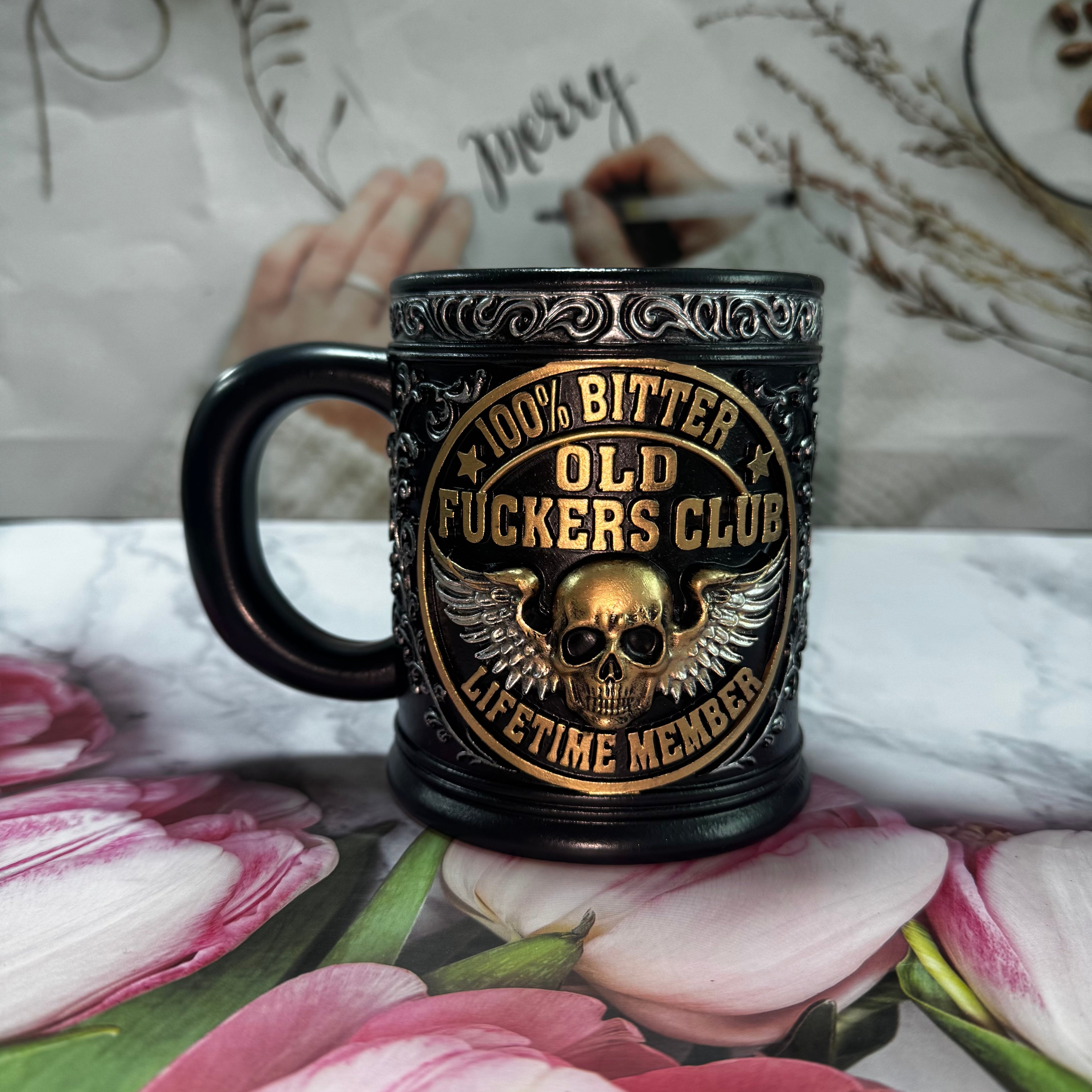 3D Old Fuckers Club Mug - Vintage Skull Wings | Stainless Steel Biker Coffee Cup
