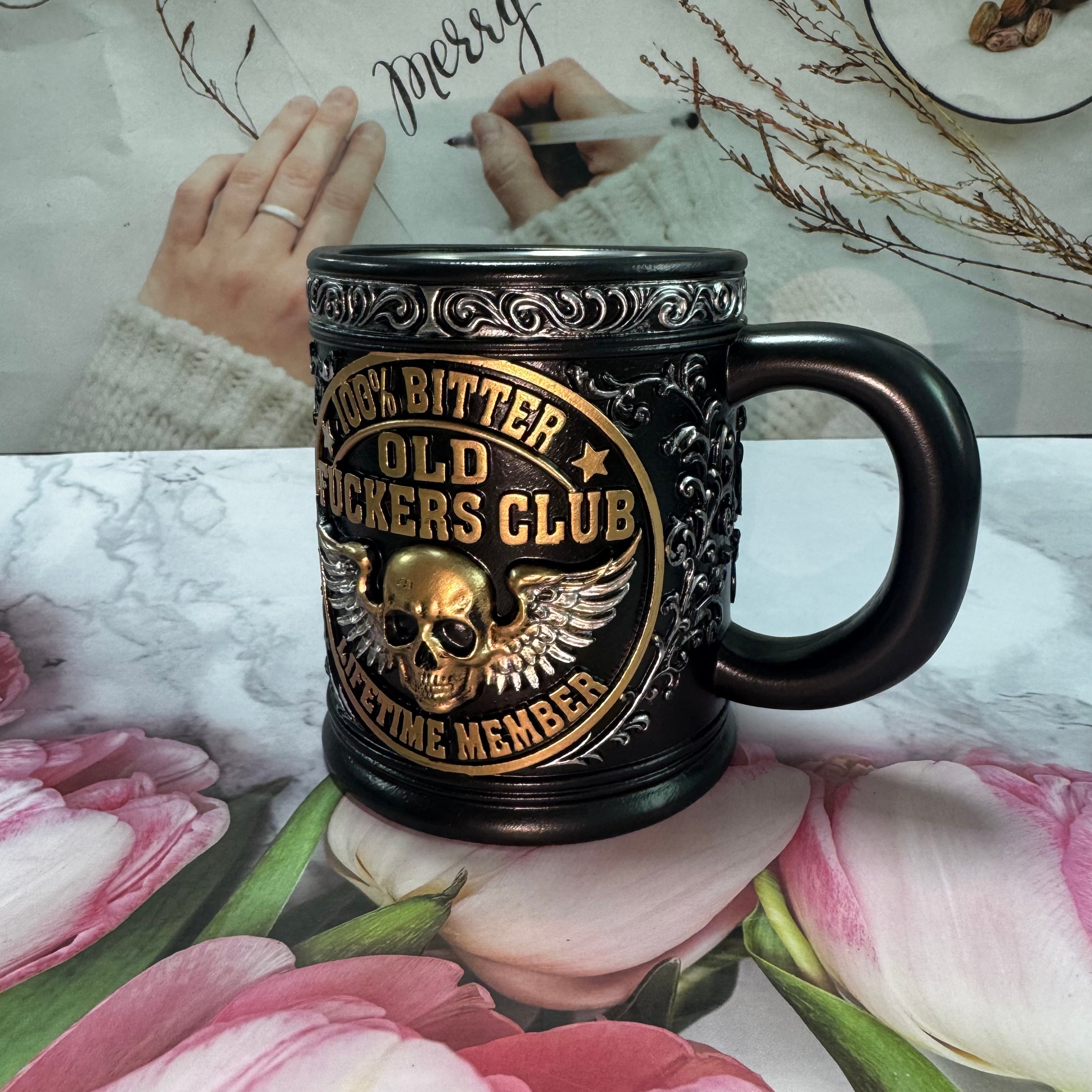 3D Old Fuckers Club Mug - Vintage Skull Wings | Stainless Steel Biker Coffee Cup