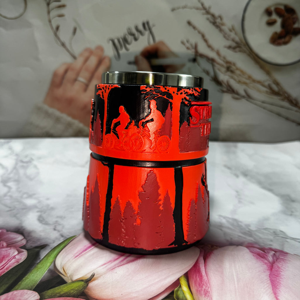 Stranger Things 3D Mug - Upside Down Forest Scene | Stainless Steel Horror Coffee Cup with Vine Handle