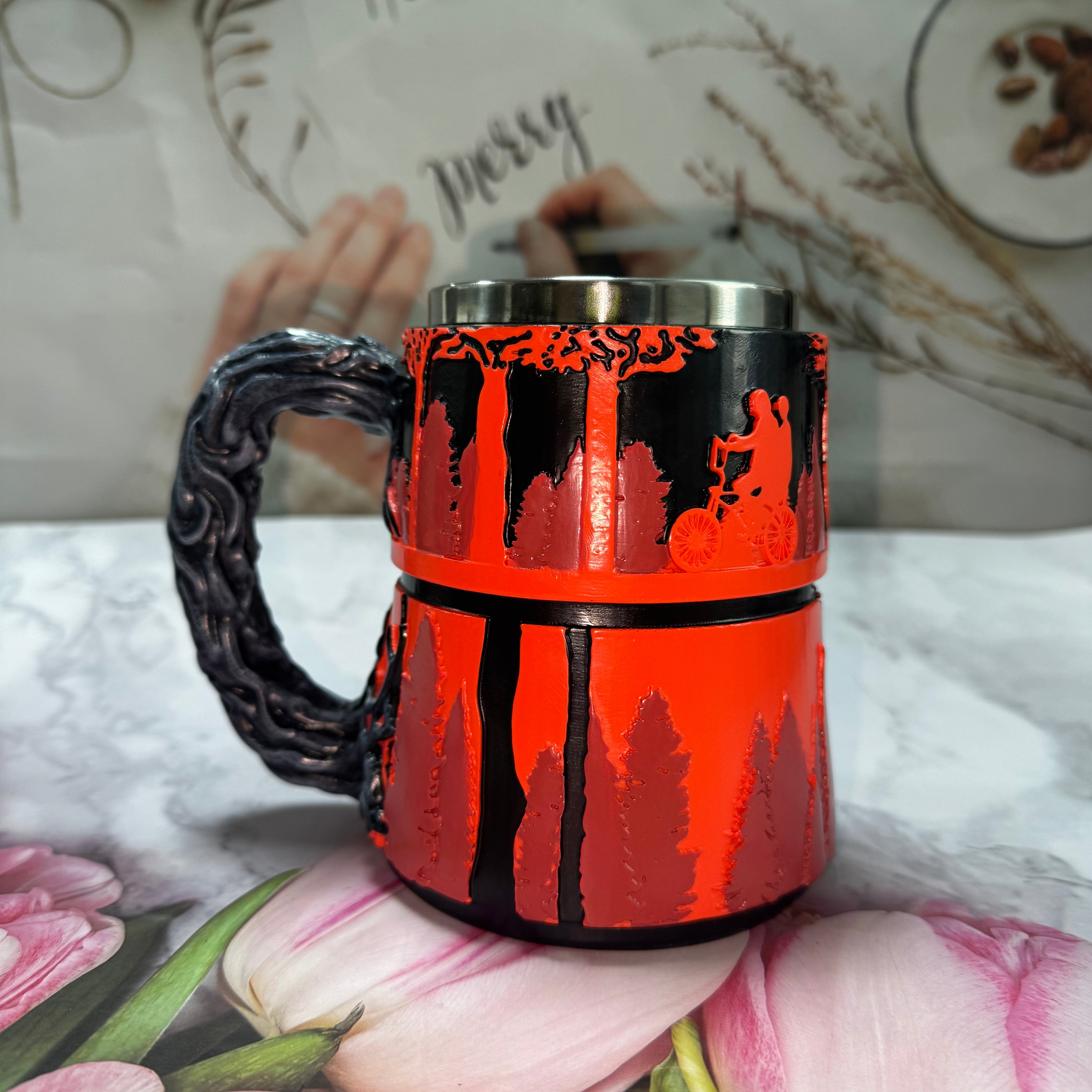 Stranger Things 3D Mug - Upside Down Forest Scene | Stainless Steel Horror Coffee Cup with Vine Handle