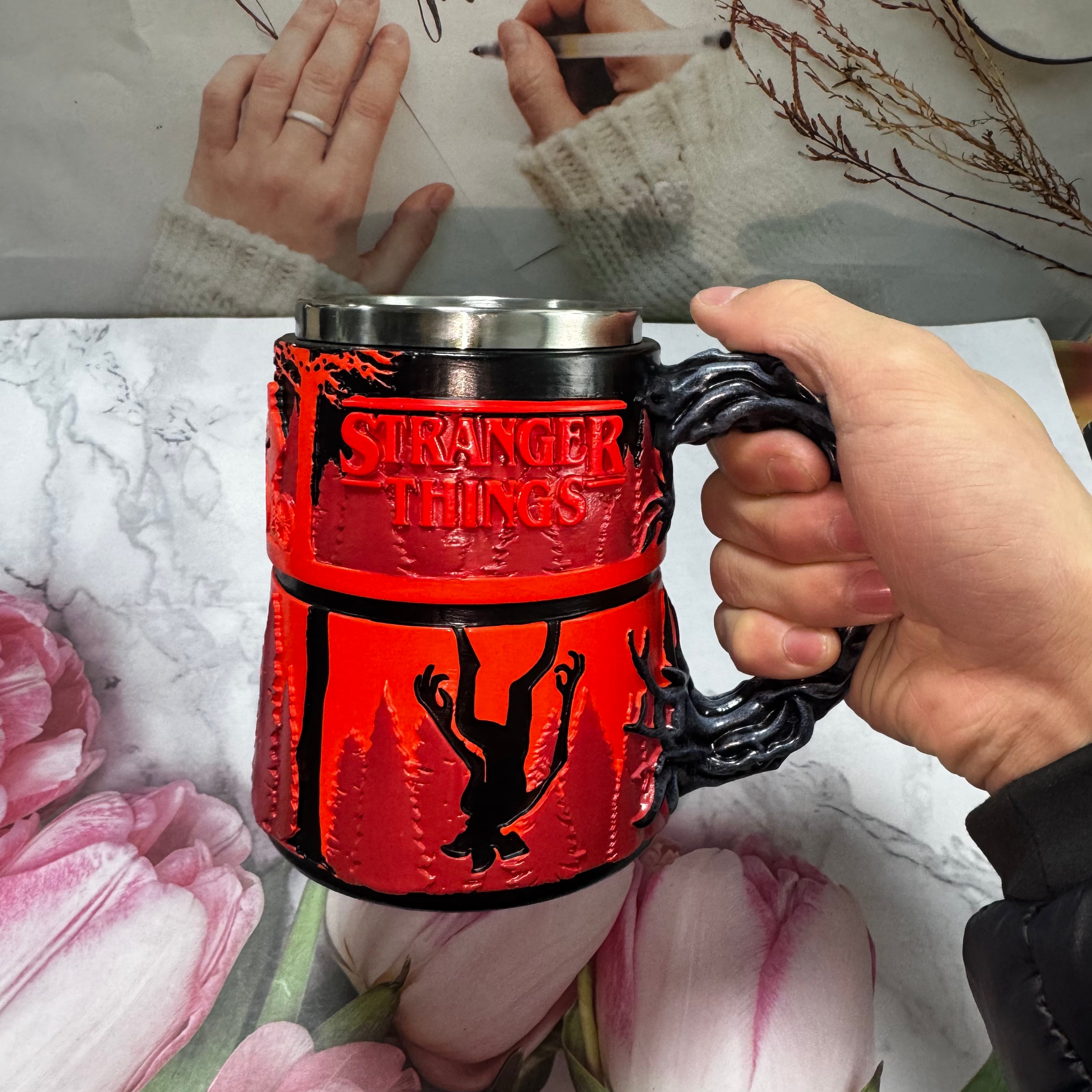 Stranger Things 3D Mug - Upside Down Forest Scene | Stainless Steel Horror Coffee Cup with Vine Handle
