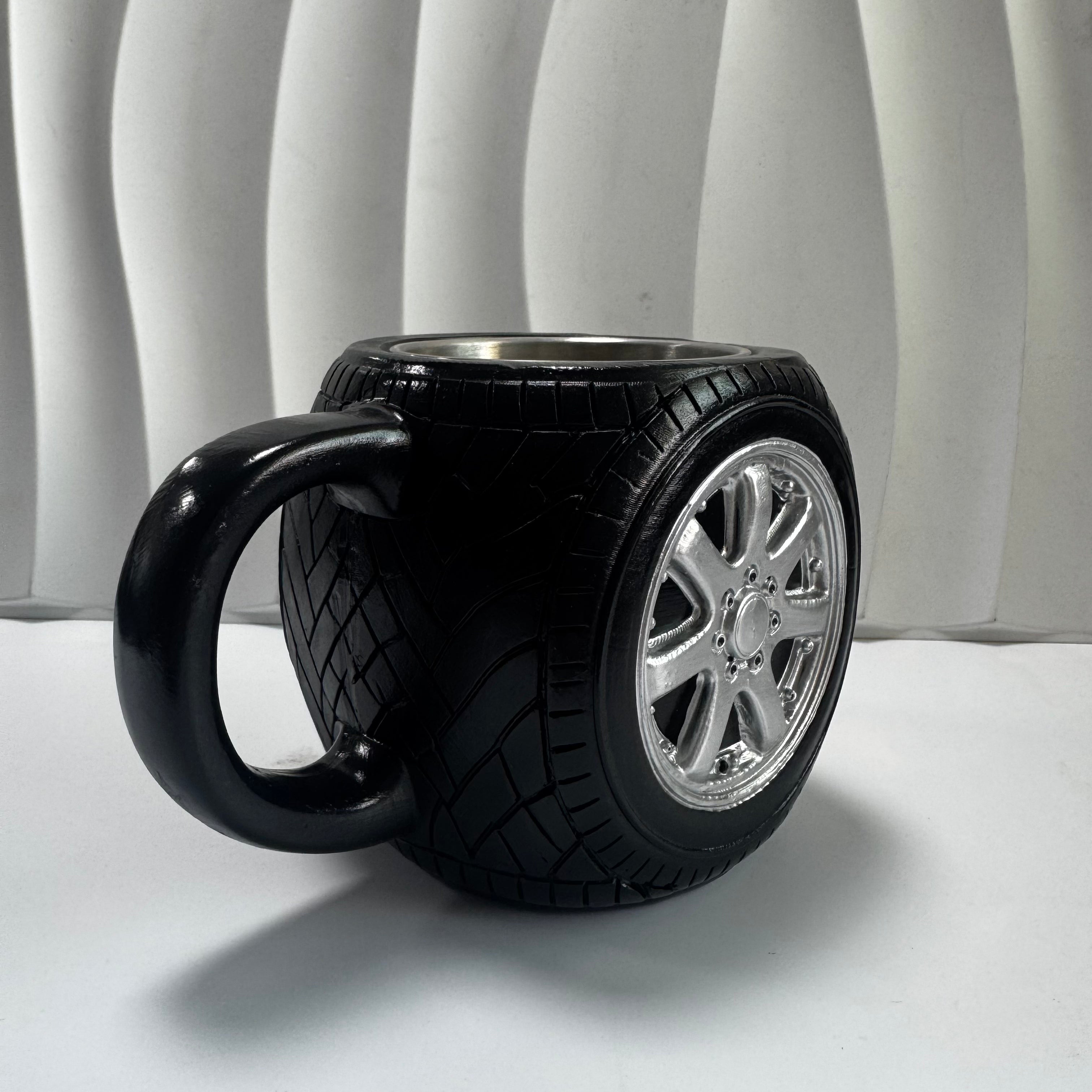 3D Tire Mug - Racing Wheel Coffee Cup | Black Stainless Steel Mug for Car Enthusiasts
