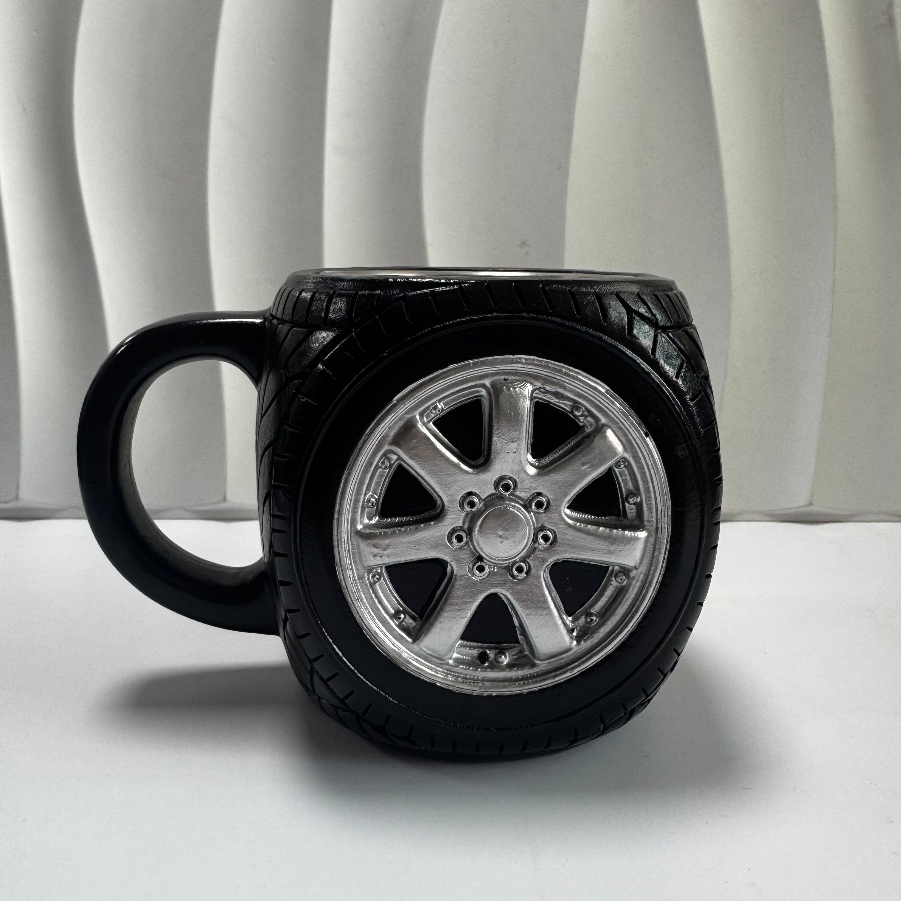 3D Tire Mug - Racing Wheel Coffee Cup | Black Stainless Steel Mug for Car Enthusiasts