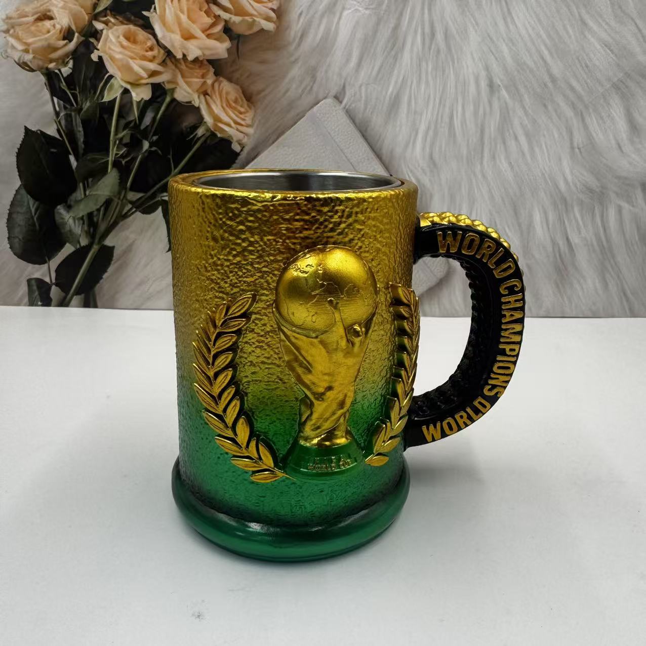 FIFA World Cup Trophy 3D Mug - Gold & Green Gradient | Stainless Steel Soccer Coffee Cup with Champion Handle