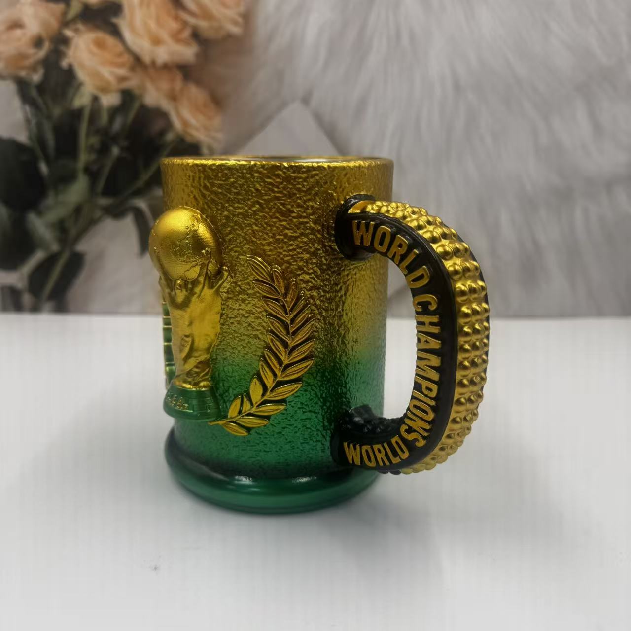 FIFA World Cup Trophy 3D Mug - Gold & Green Gradient | Stainless Steel Soccer Coffee Cup with Champion Handle