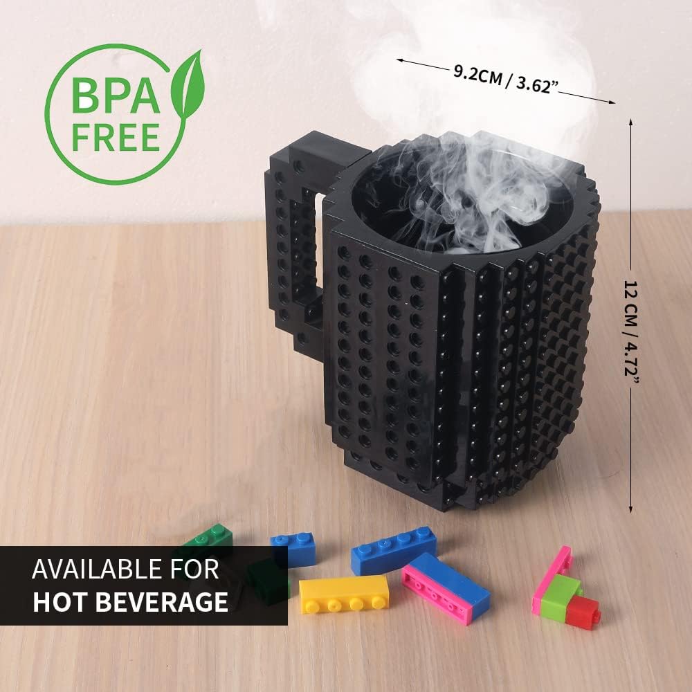 Build-on Brick Coffee Mug, Funny DIY Novelty Cup with Building Blocks Creative for Kids Men Women Xmas Birthday