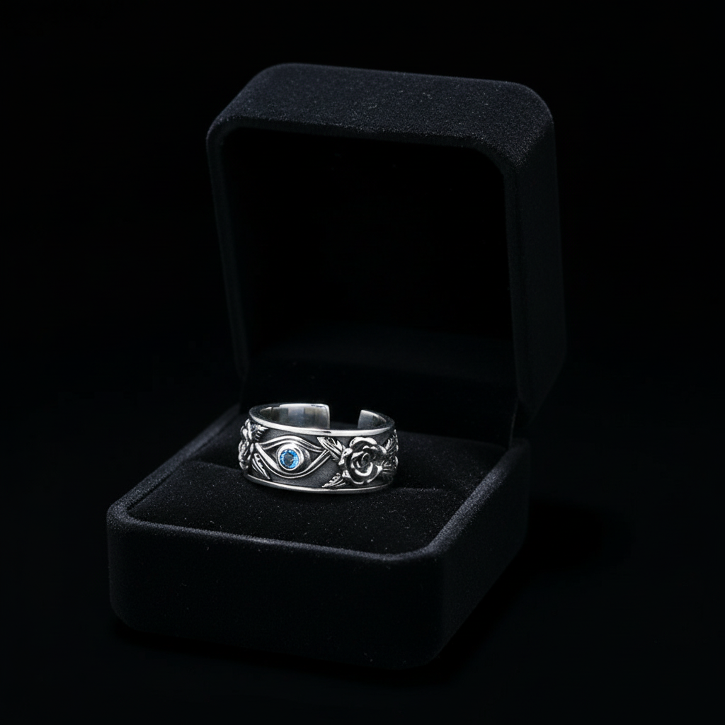 Eye of Horus ring in a black jewelry box
