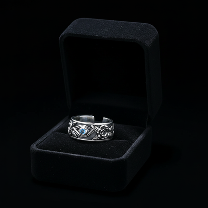 Eye of Horus ring in a black jewelry box