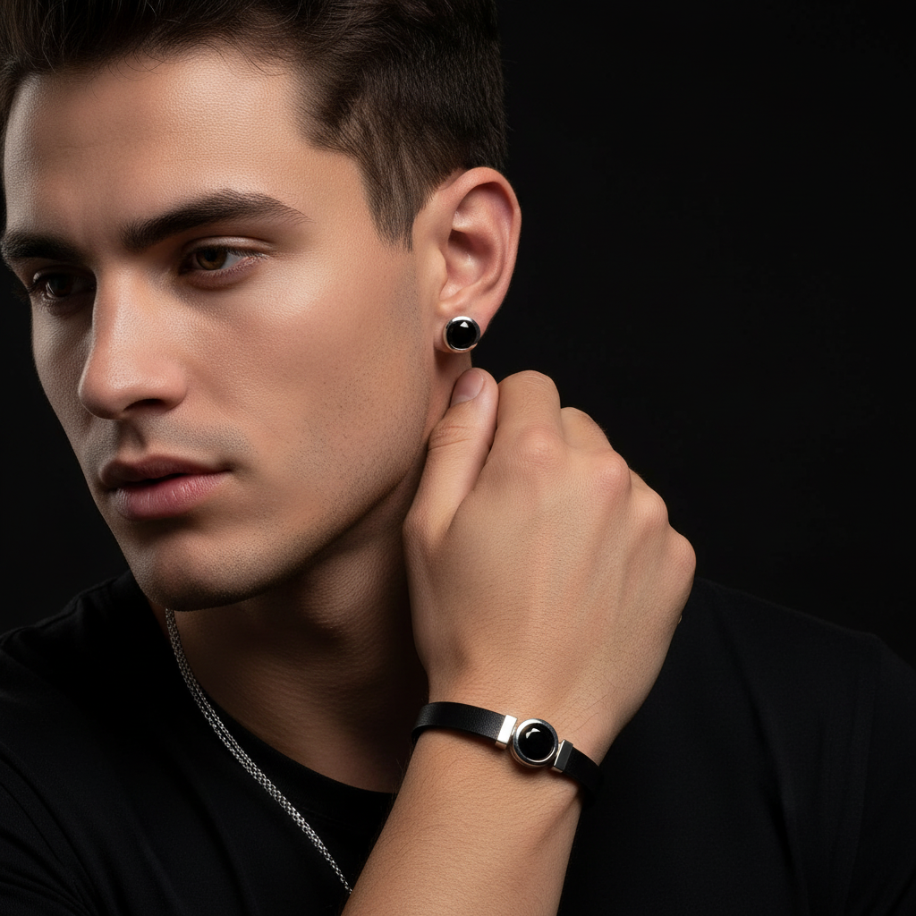 Black Onyx Studs styled with layered jewelry