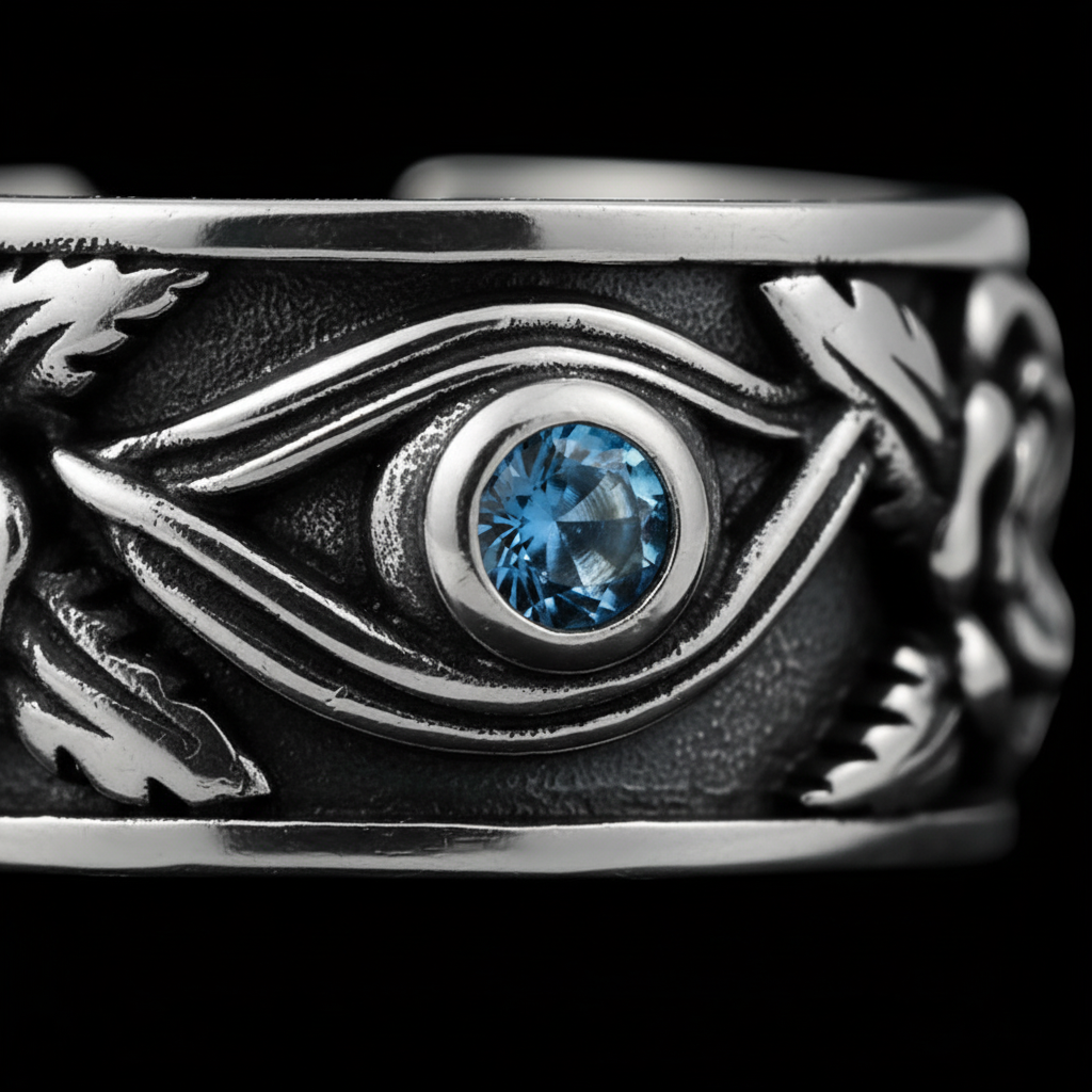 Macro close-up of the carved eye and blue stone