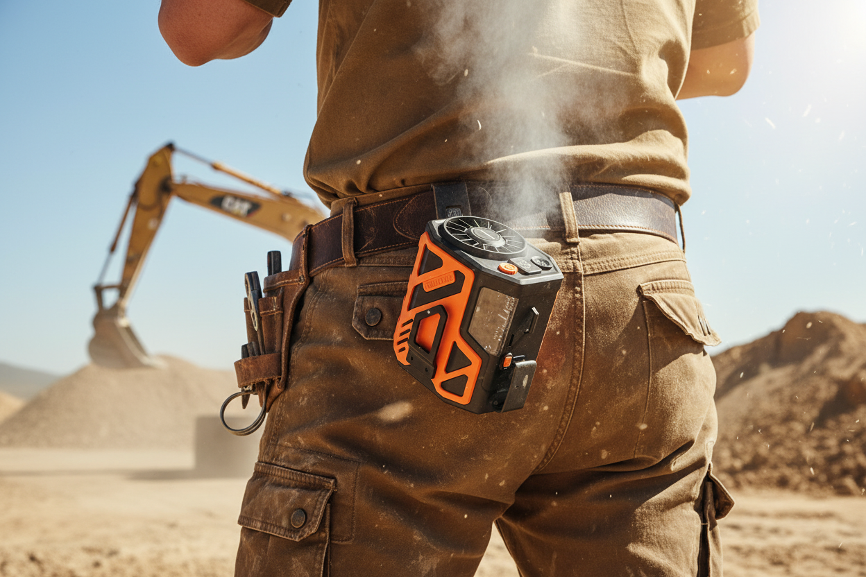 SipTrick Y12 Tactical Waist Fan clipped on worker belt at construction site with cooling mist