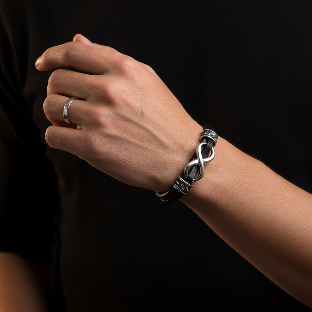 Infinity Leather Bracelet styled with layered jewelry