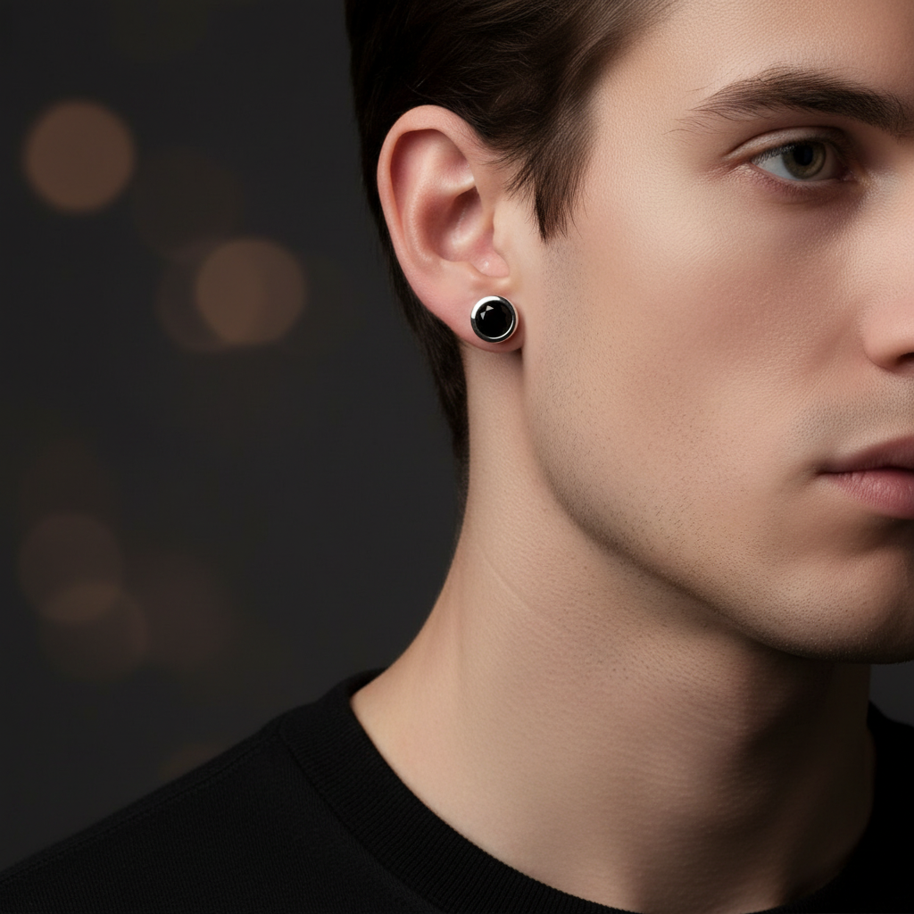 Black Onyx Studs worn on ear