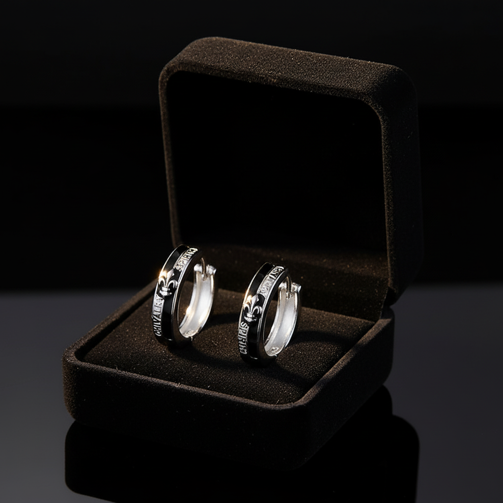 Knight Hoop Earrings in black velvet gift box