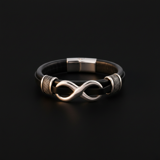 Infinity Leather Bracelet main image, pure black background