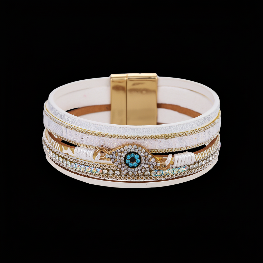 Evil Eye Leather Bracelet main image, pure black background