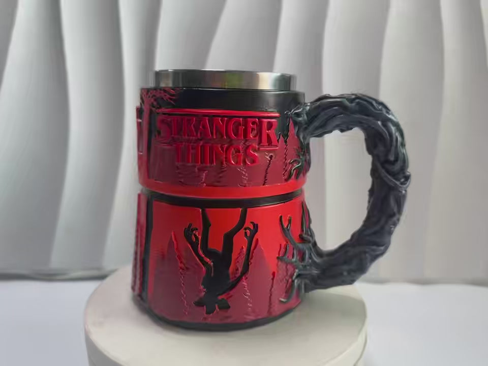 Stranger Things 3D Mug - Upside Down Forest Scene | Stainless Steel Horror Coffee Cup with Vine Handle