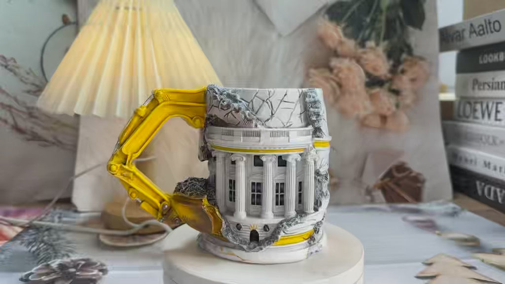 3D Excavator Construction Mug - Ruins Building Coffee Cup | Stainless Steel Heavy Machinery Mug