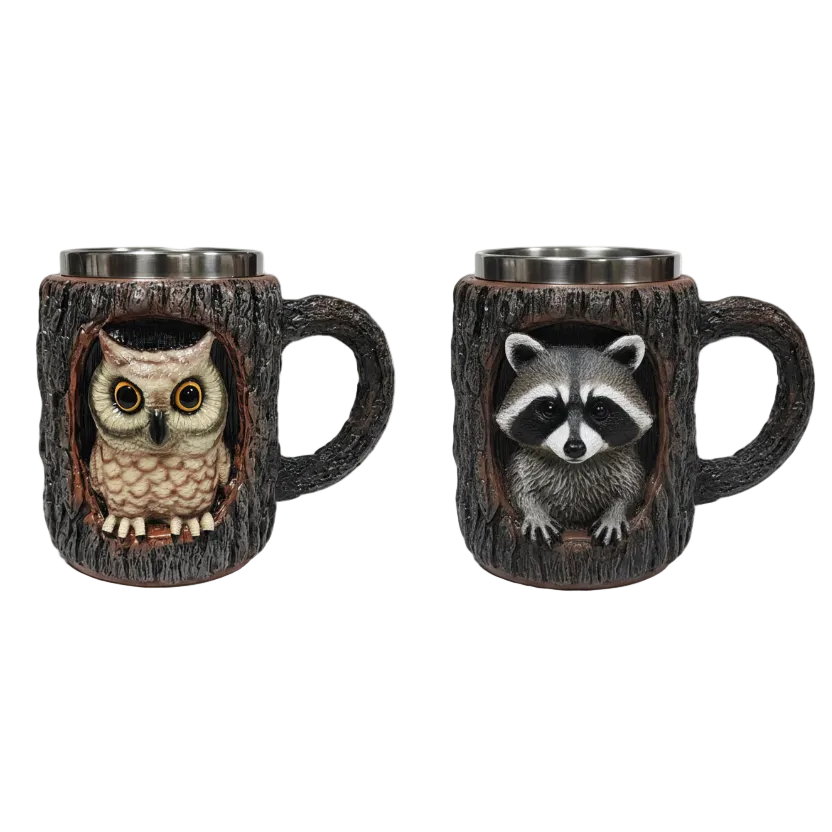 Tree Hollow Owl and Raccoon Mugs Comparison - White Background