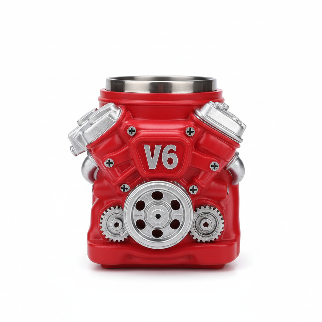 V6 V8 Engine Block 3D Mug - Red Racing Coffee Cup | Stainless Steel Mechanic Gift