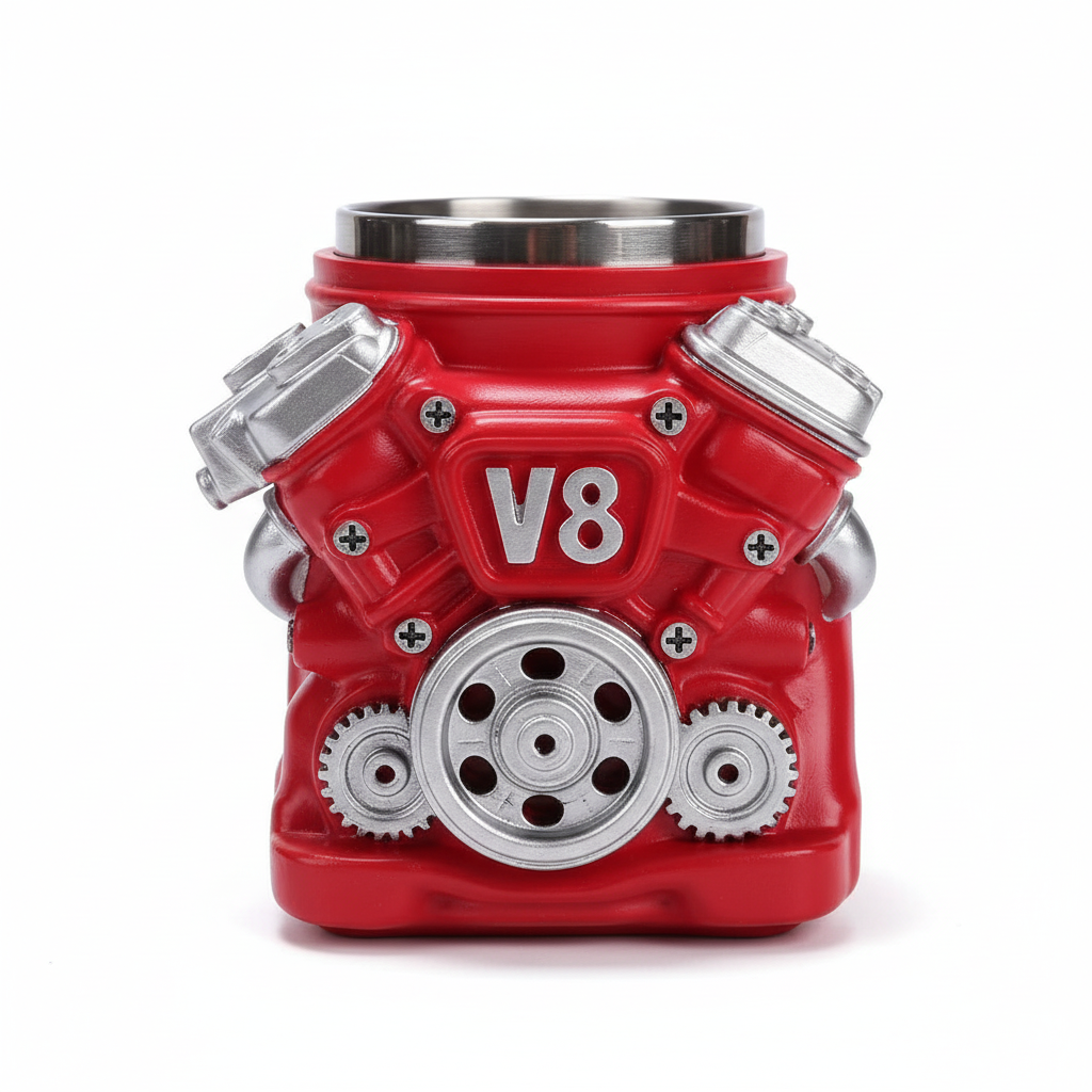 V6 V8 Engine Block 3D Mug - Red Racing Coffee Cup | Stainless Steel Mechanic Gift
